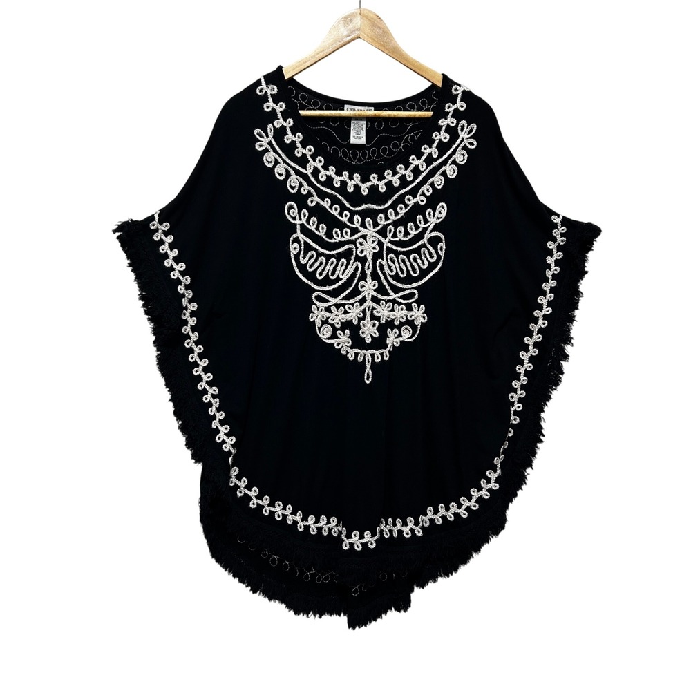 Catherines Women Poncho 0X/1X Black White Embroidered Fringe Boho Romantic Goth